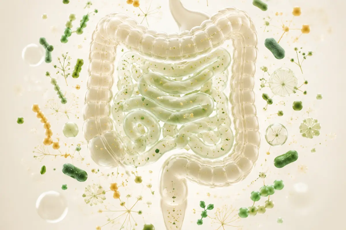 Ilustração científica delicada da microbiota intestinal
